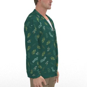 Unisex V-neck Knitted Fleece Cardigan With Button Closure - Dark Green All-Over Leaf Print