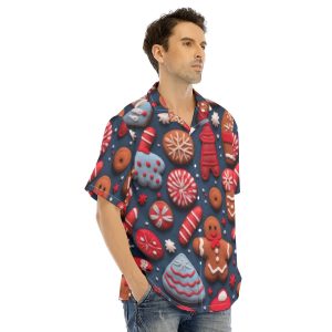 Men's Gingerbread  and Christmas Candy Print Shirt With Button Closure