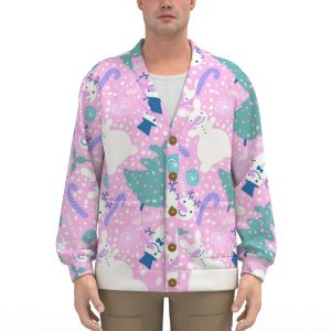 Unisex V-Neck Knitted Fleece Cardigan With Button Closure - Pastel Bunny Snowmen Print