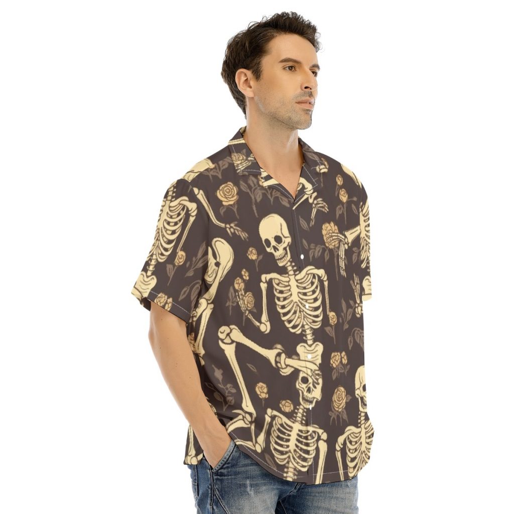 Men's Brown All-Over Skeleton Print  Hawaiian Shirt With Button Closure