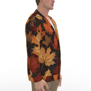 Unisex V-neck Knitted Fleece Cardigan With Button Closure - All-Over Autumn Leaves Print