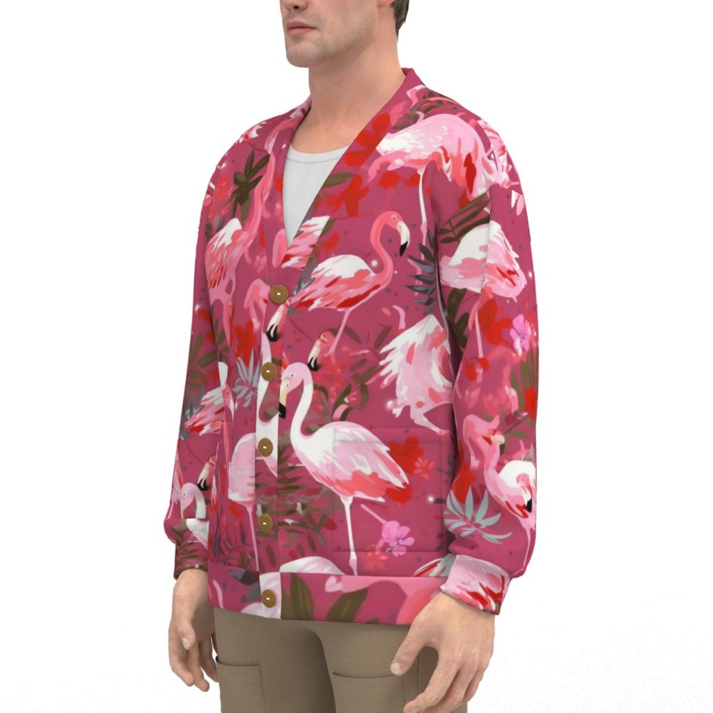 Pink Flamingoes Print Unisex V-Neck Knitted Fleece Cardigan With Button Closure
