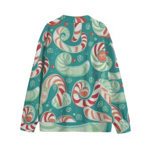 Unisex V-neck Knitted Fleece Cardigan With Button Closure - Swirled Peppermint Candy Christmas Print