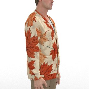 Autumn Leaves Print Unisex V-neck Knitted Fleece Cardigan With Button Closure