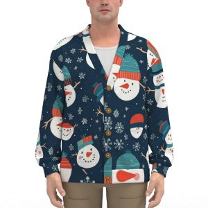 Unisex V-Neck Knitted Fleece Cardigan With Button Closure - All-Over Snowman Print