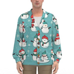 Unisex V-Neck Knitted Fleece Cardigan With Button Closure - Turquoise Snowmen Print