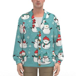 All-Over Snowmen Print Unisex V-Neck Knitted Fleece Cardigan With Button Closure