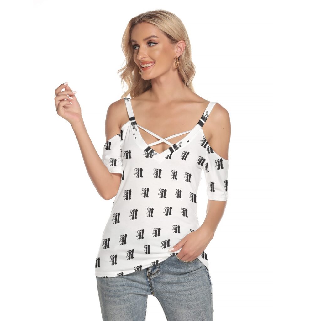 Women's Cold Shoulder T-shirt With Criss Cross Strips- F-IT Print