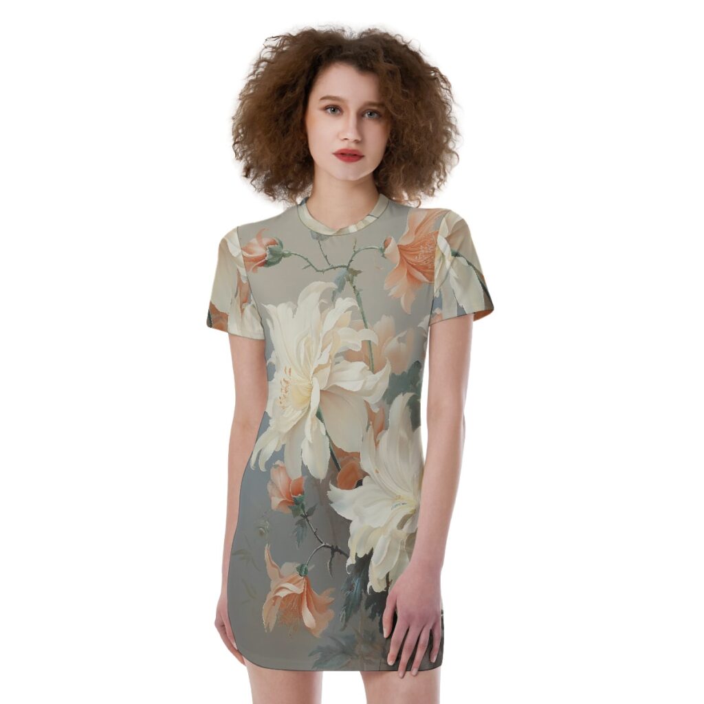 Women's Short Sleeve Light Gray Floral Print  Tight Dress