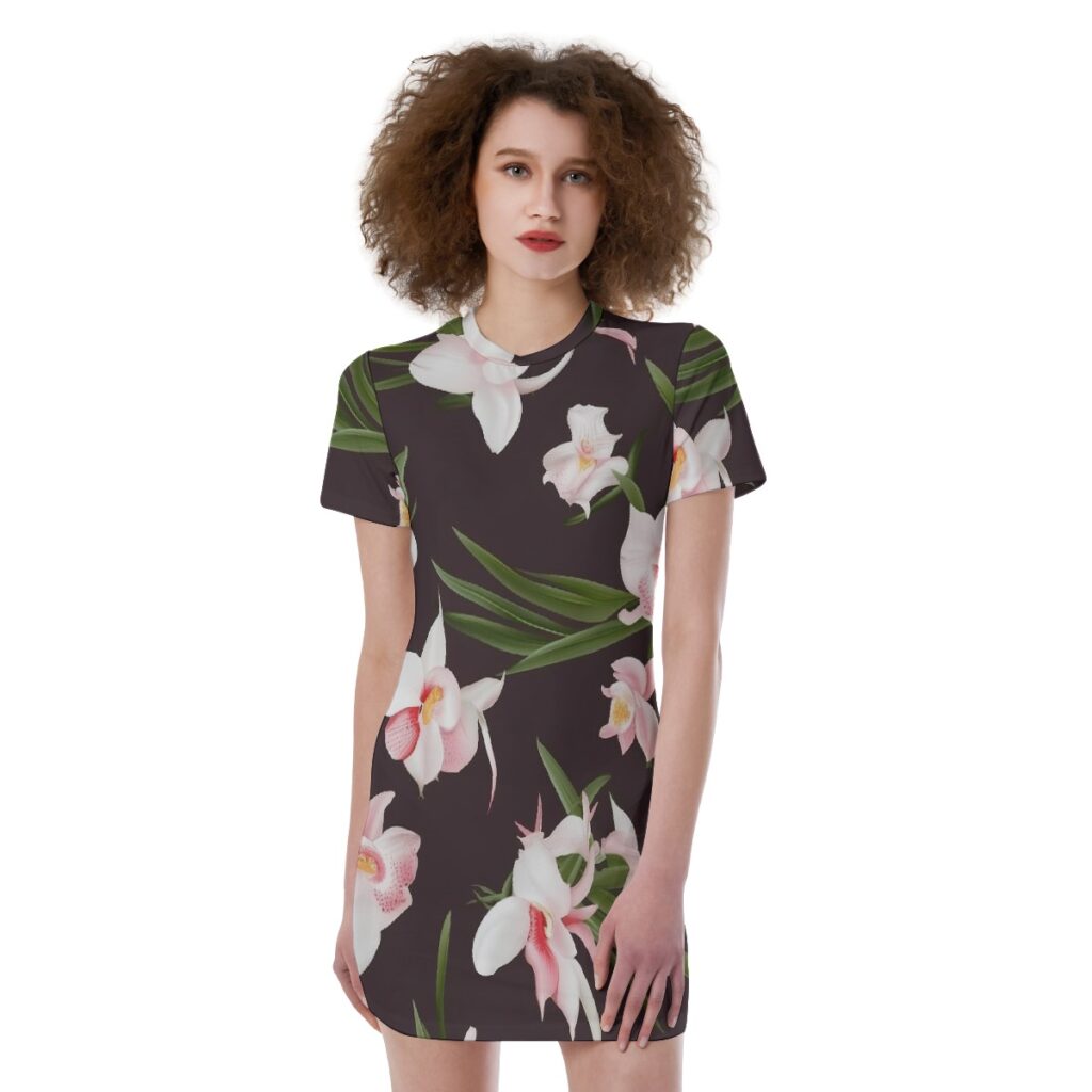Women's Black & Floral Print Short Sleeve Tight Dress