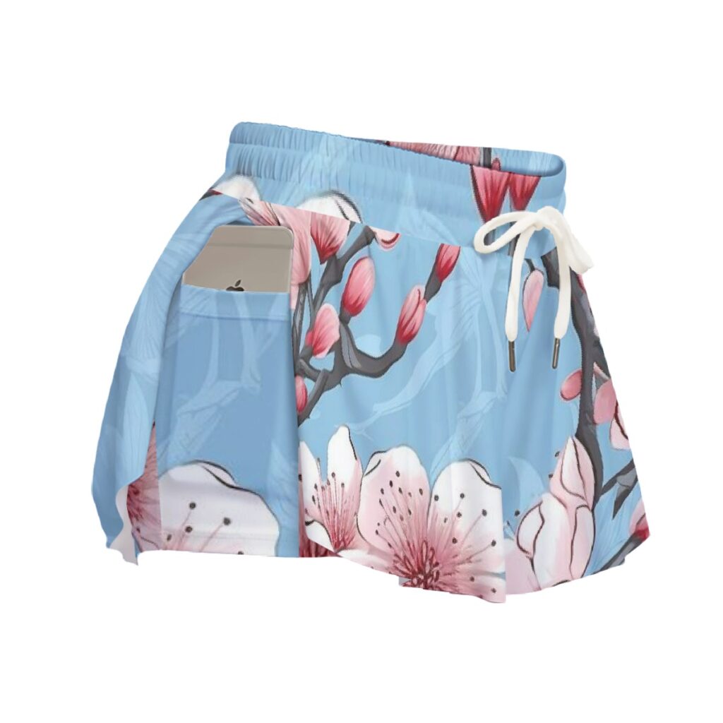 Women's Light Blue Floral Print Sport Skorts With Pocket