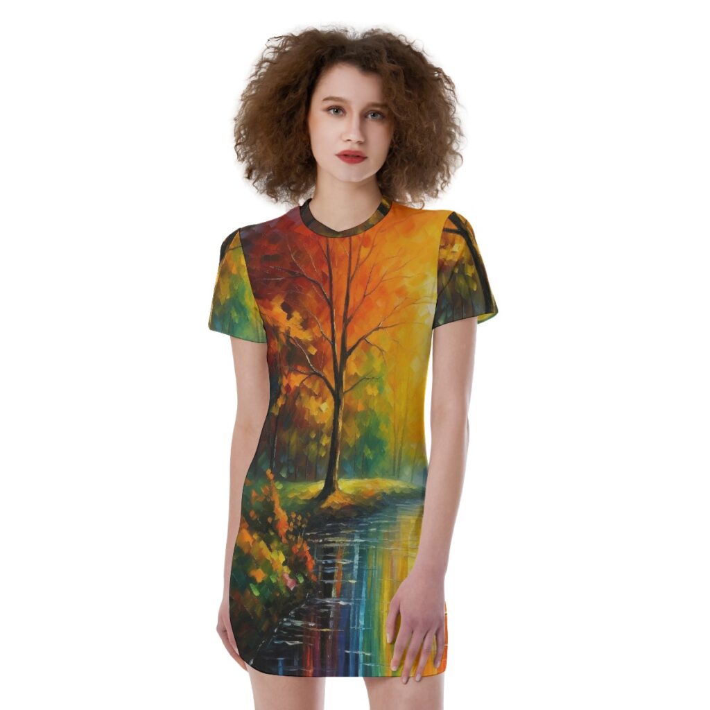 Women's Short Sleeve Nature Trail Print Tight Dress