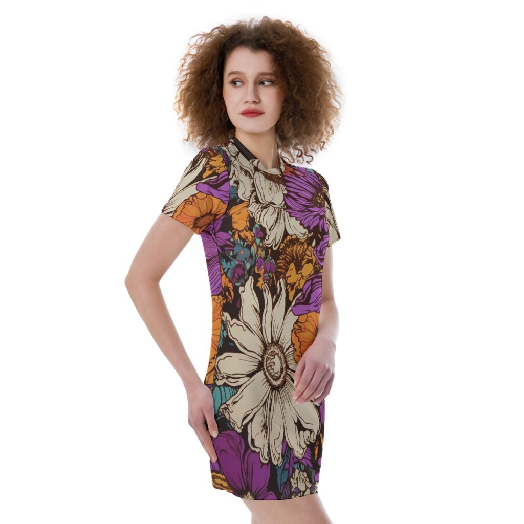 Women's Purple Floral Print Short Sleeve Tight Dress