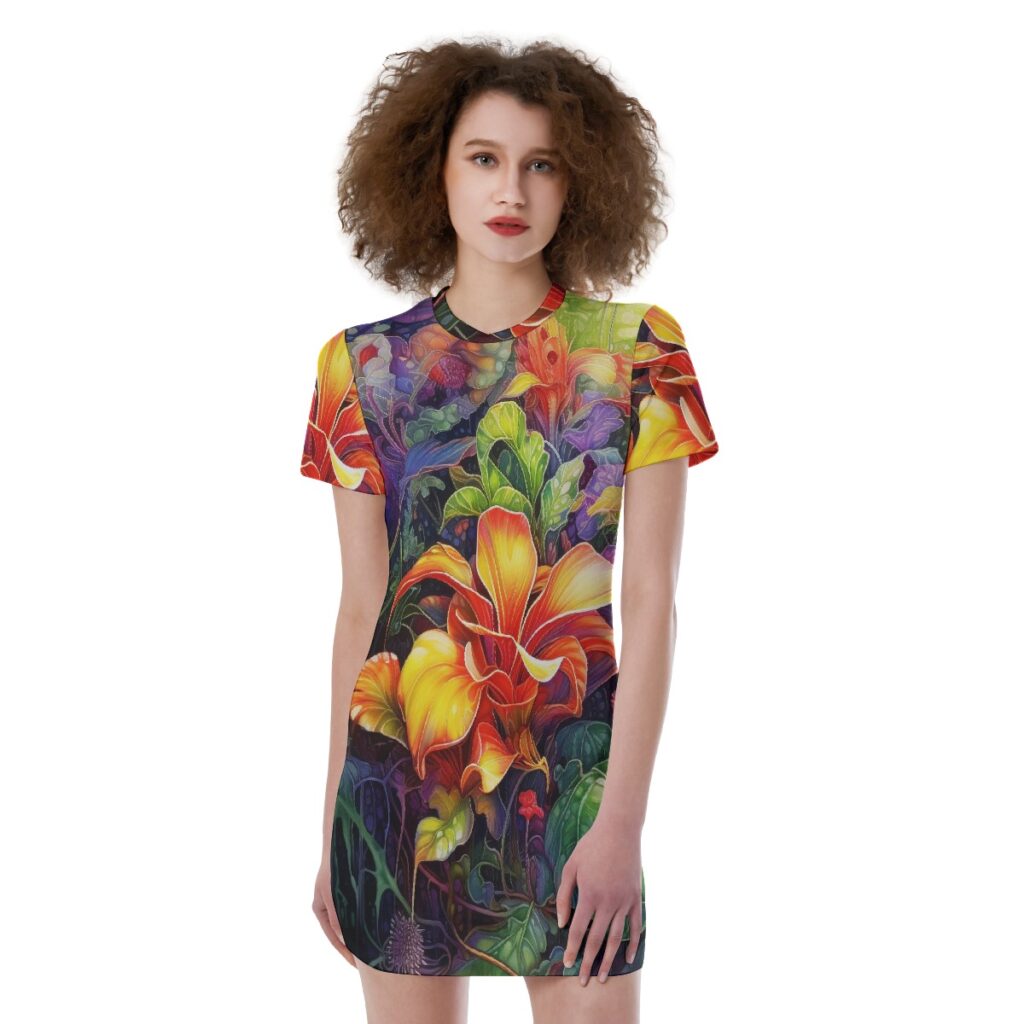Women's Short Sleeve Colorful Floral Print  Tight Dress