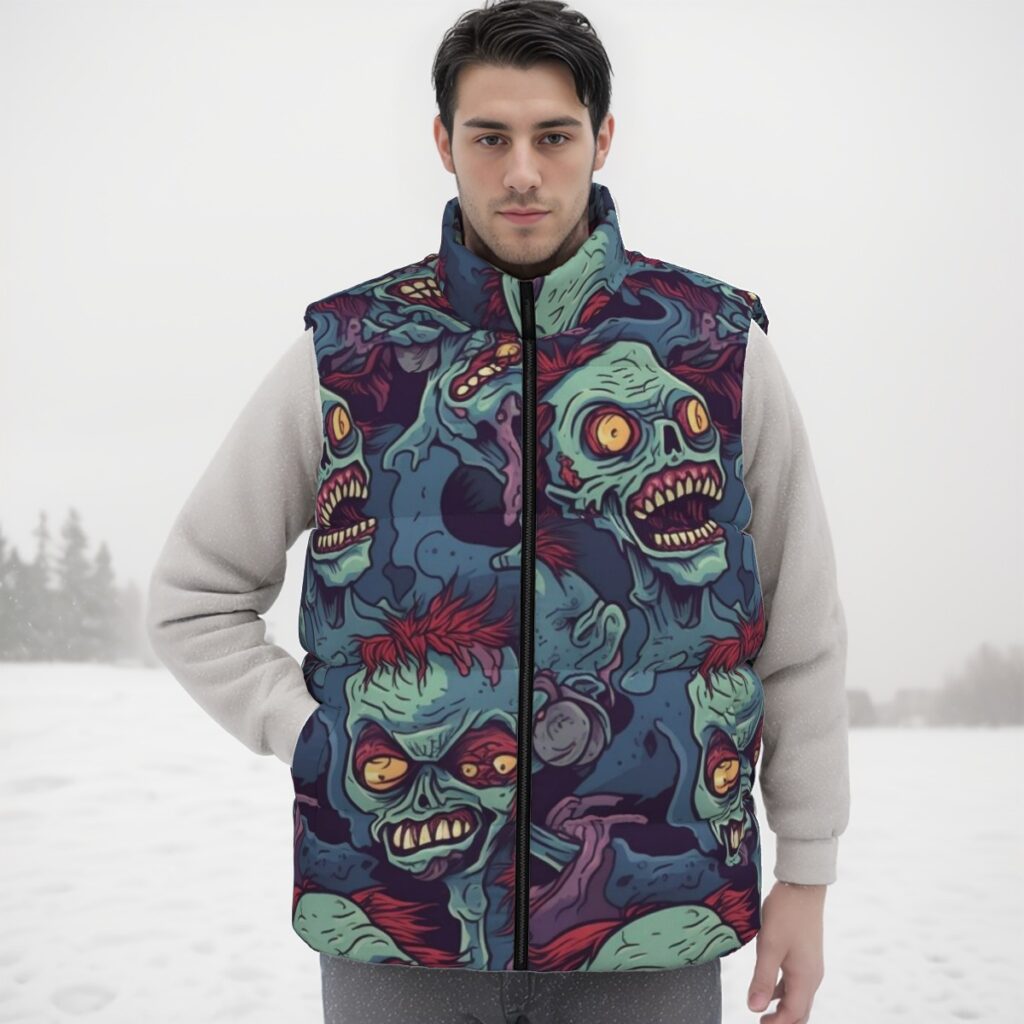 Unisex Zippered Down Vest - Rotting Zombie Print