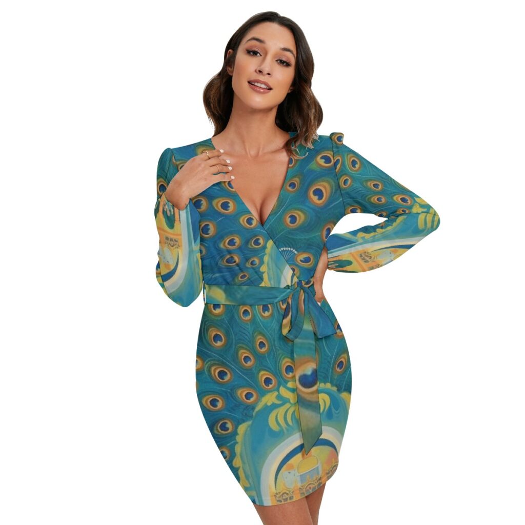 Women's Turquoise Print Long Sleeve Dress With Waist Belt