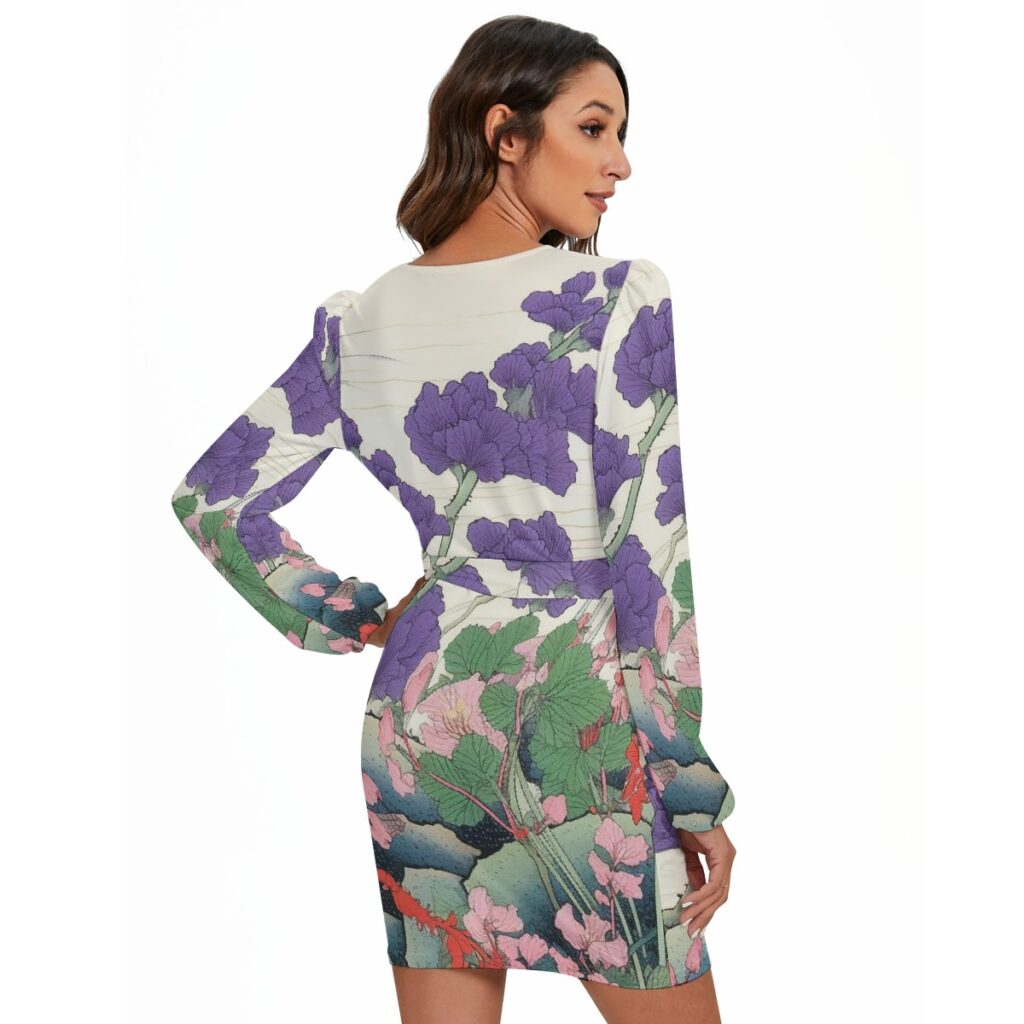 Women's Long Sleeve Lilac Floral Dress With Waist Belt