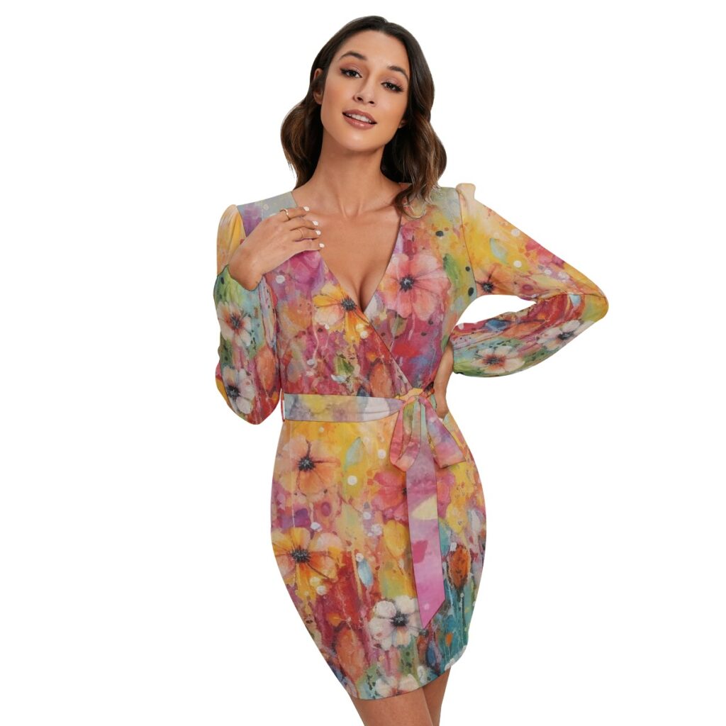 Women's Long Sleeve Floral Print Dress With Waist Belt