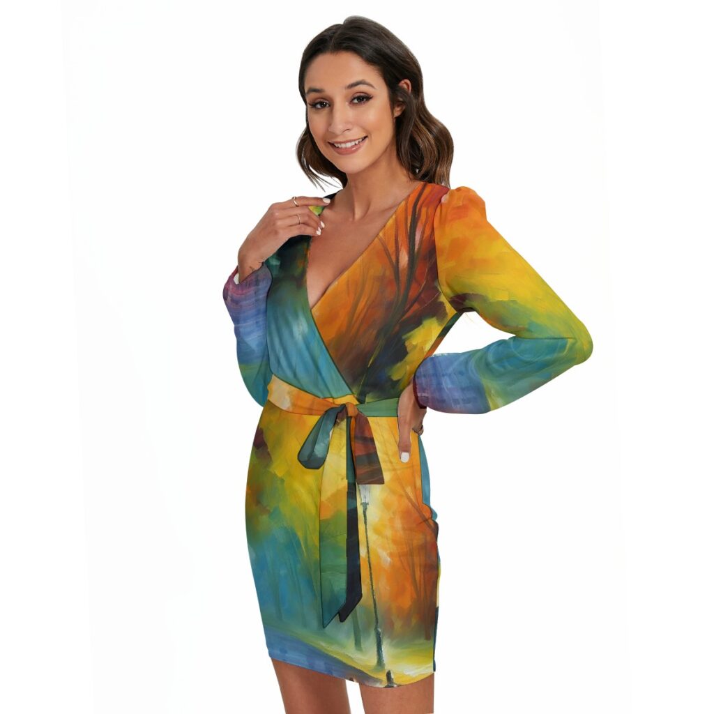 Women's Multicolored Long Sleeve Dress With Waist Belt