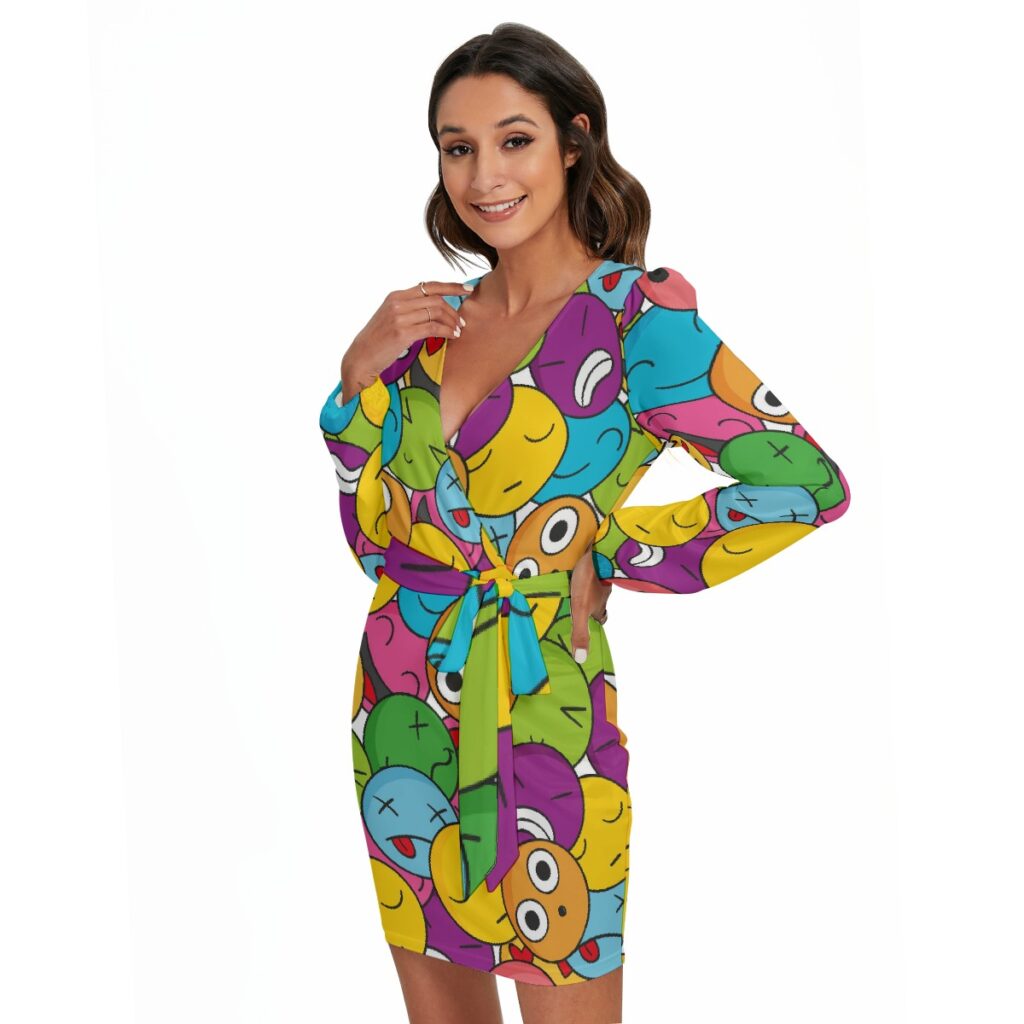 Women's Long Sleeve Dress With Waist Belt-'Fun Colorful Faces' Print