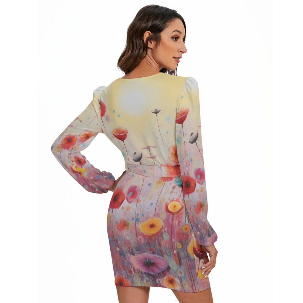 Women's Long Sleeve Floral Print Dress With Waist Belt