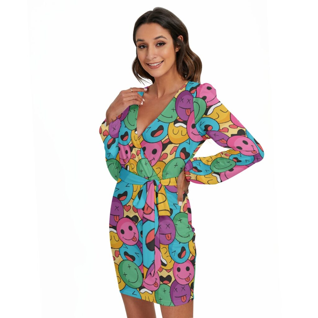 Women's 'Colorful Faces' Print Long Sleeve Dress With Waist Belt