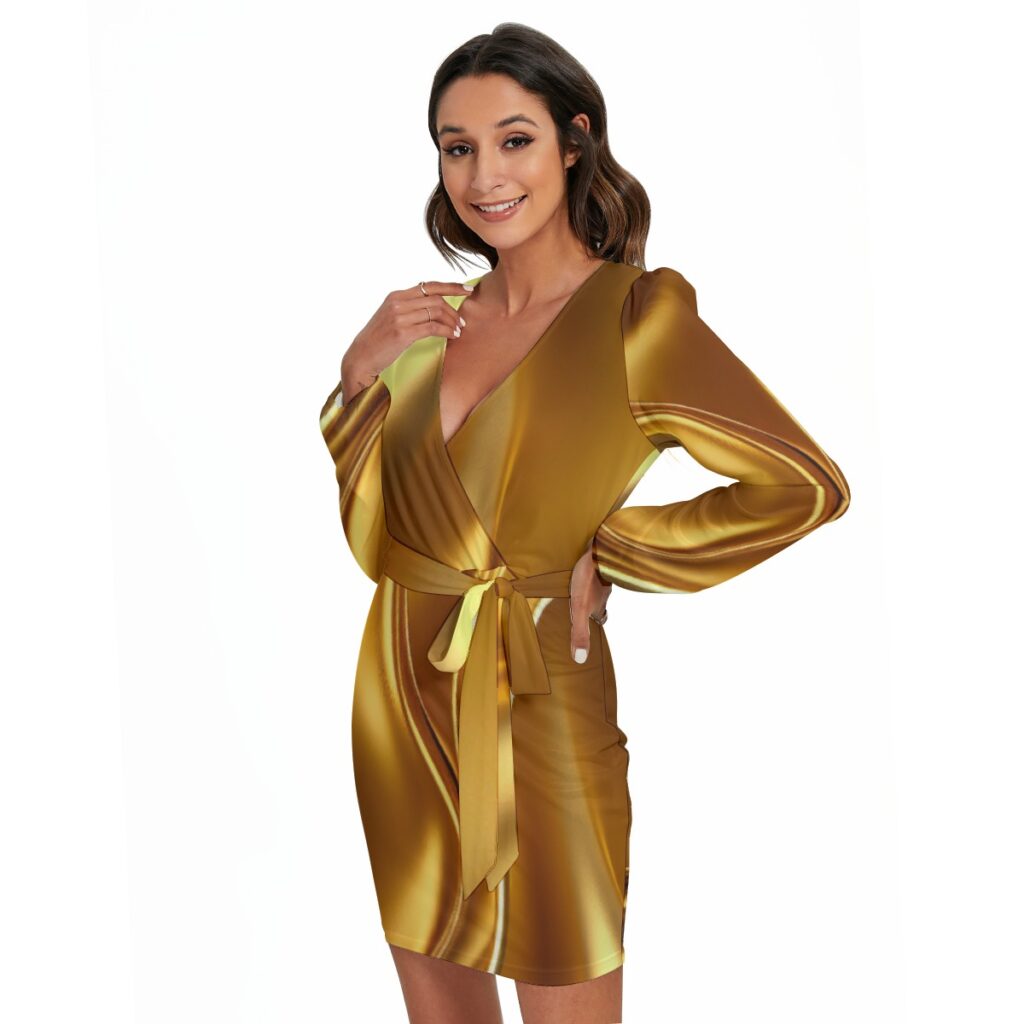 Women's Long Sleeve Gold Dress With Waist Belt