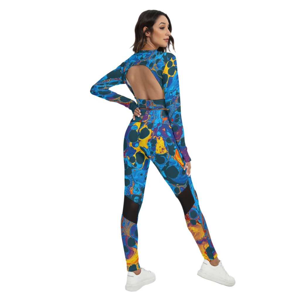 Women's Turquoise Print Sport Set With Backless Top And Leggings