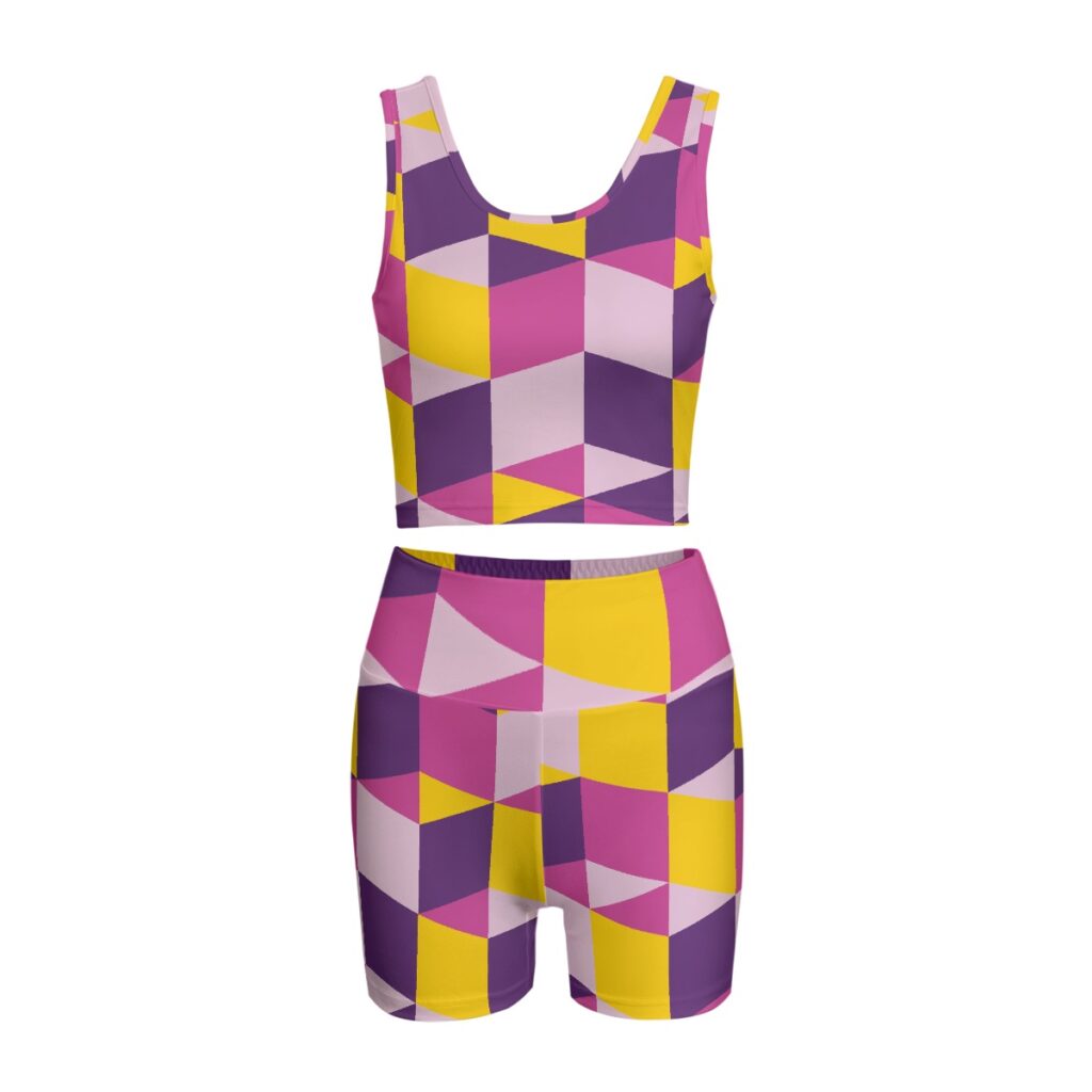 Women's Two-Piece Purple, Yellow Triangular Print Yoga Set