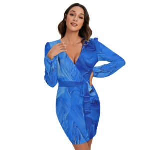 Women's Blue Print Long Sleeve Dress With Waist Belt