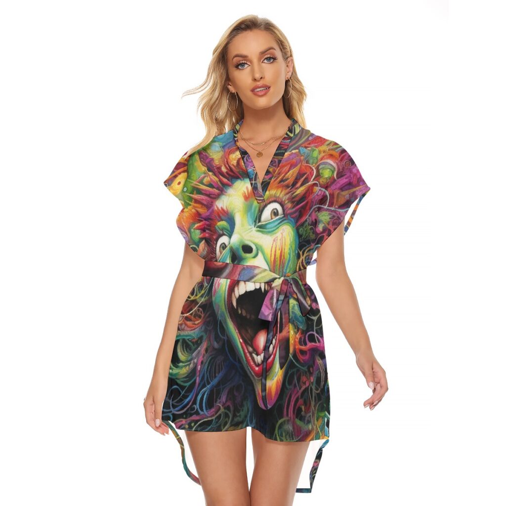 All-Over Print Women's Stand-up Collar Casual Dress With Belt