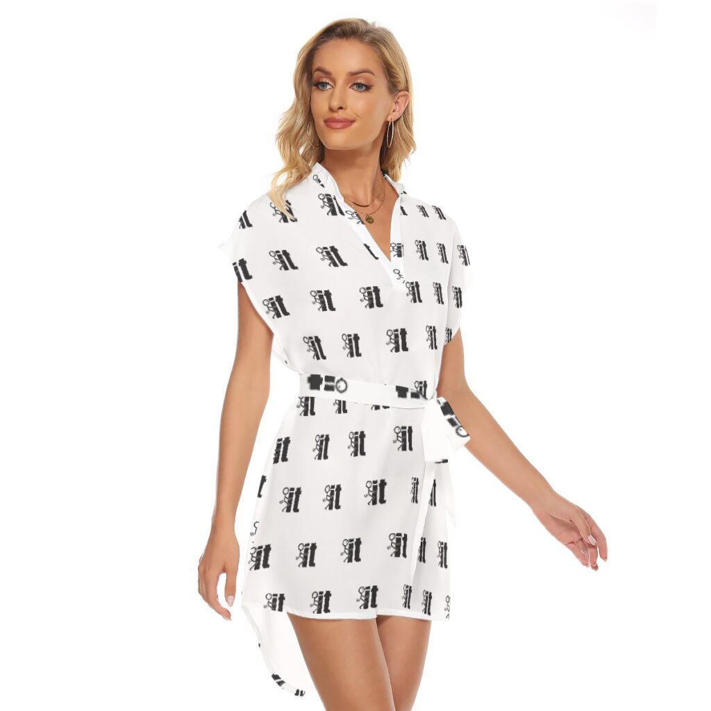 All-Over Print Women's Stand-up Collar Casual Dress With Belt