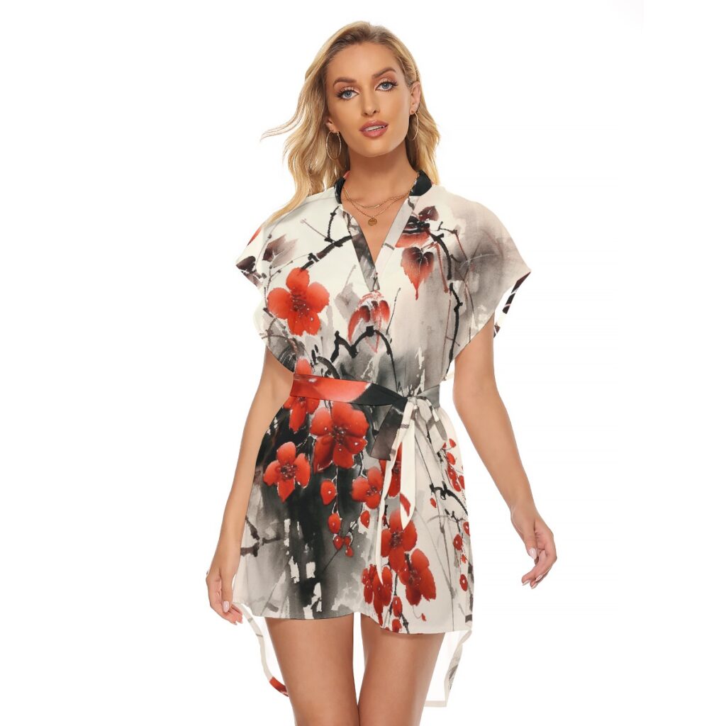 All-Over Print Women's Stand-up Collar Casual Dress With Belt