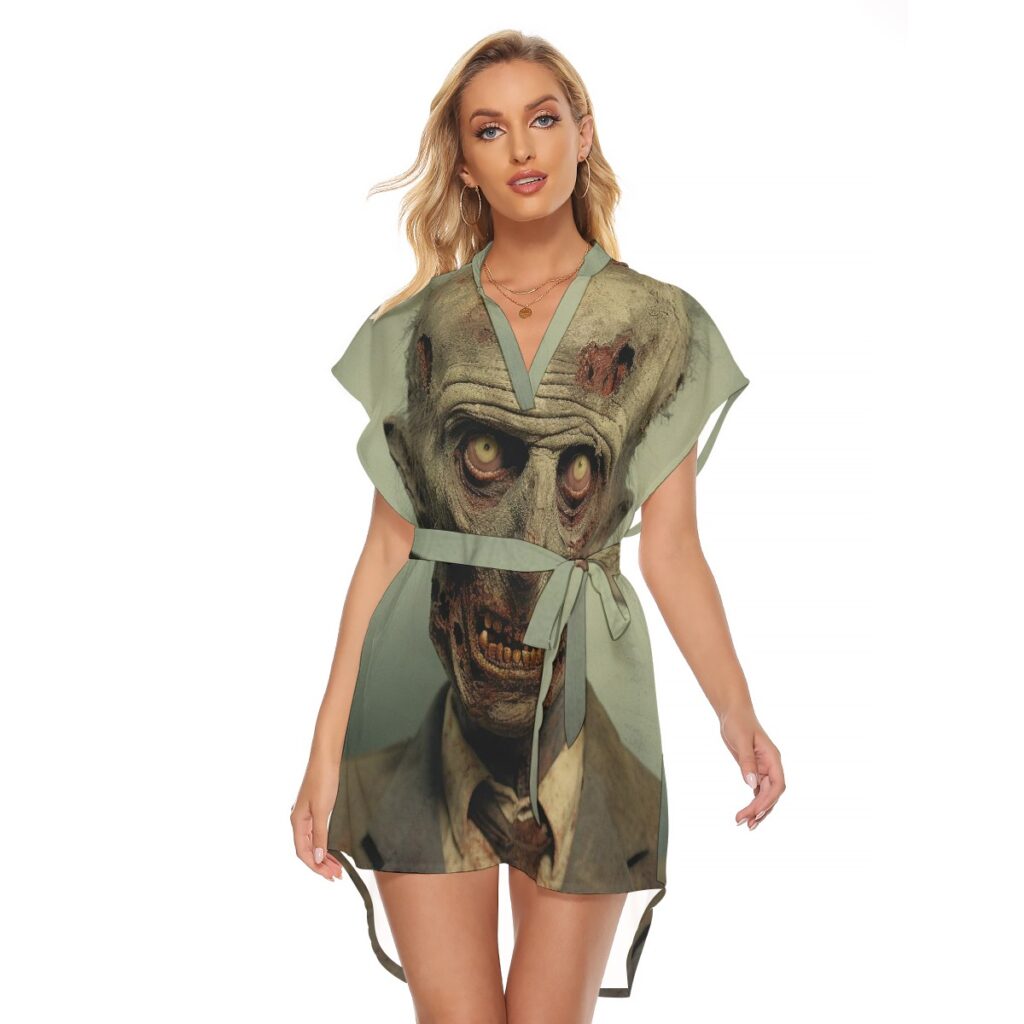 All-Over Print Women's Stand-up Collar Casual Dress With Belt