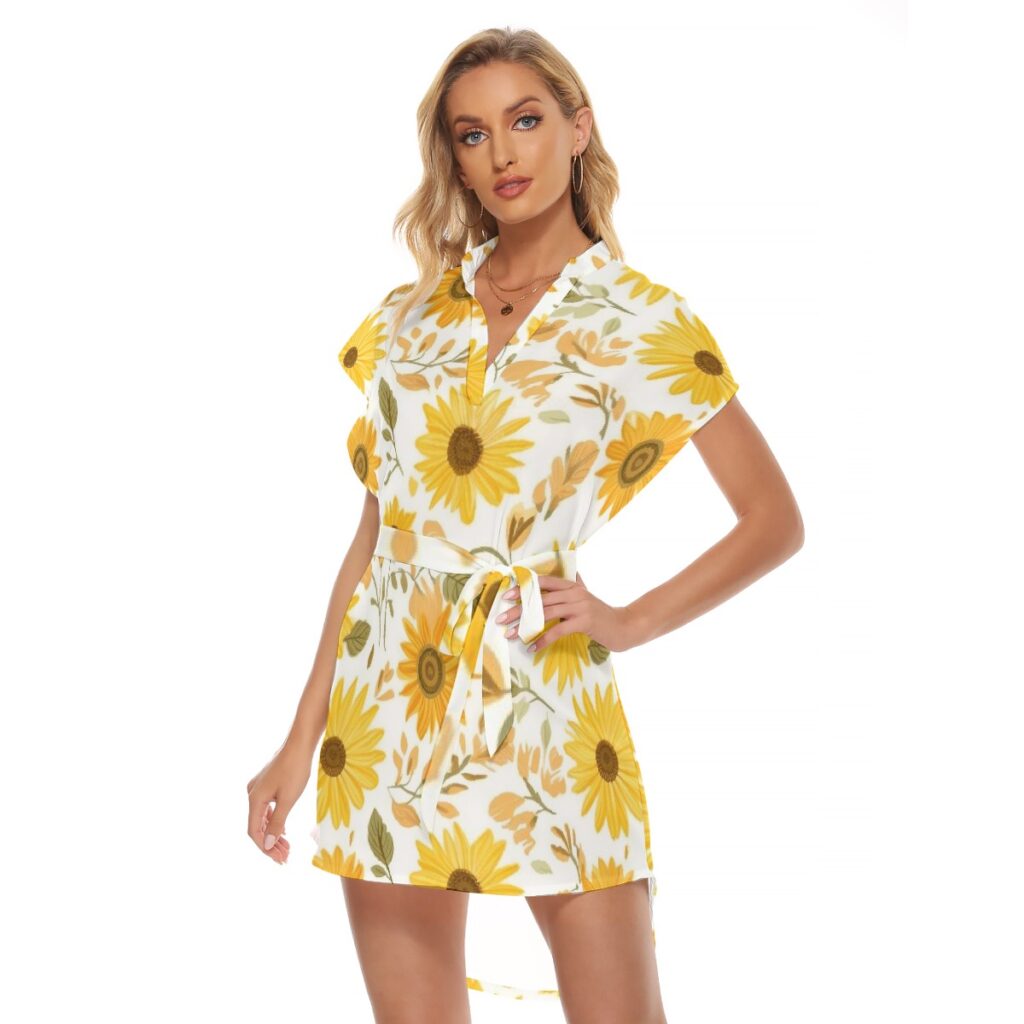 All-Over Print Women's Stand-up Collar Casual Dress With Belt