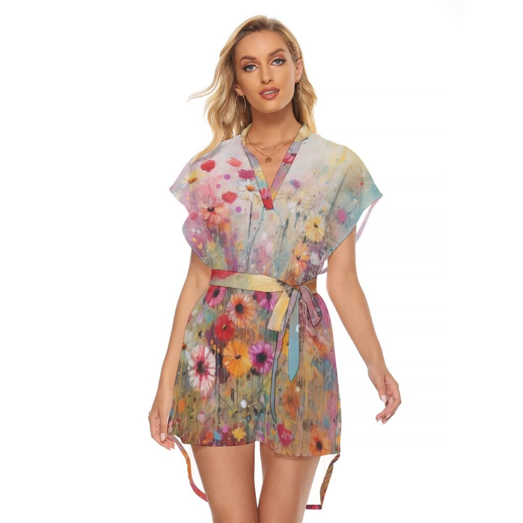 All-Over Print Women's Stand-up Collar Casual Dress With Belt