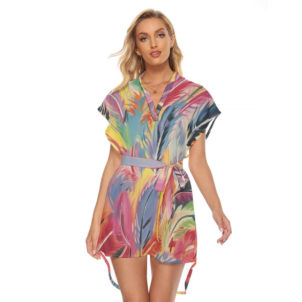 All-Over Print Women's Stand-up Collar Casual Dress With Belt