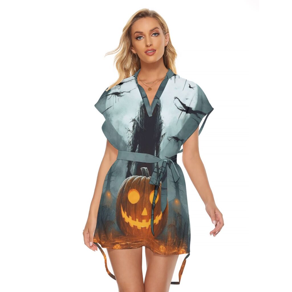 All-Over Print Women's Stand-up Collar Casual Dress With Belt